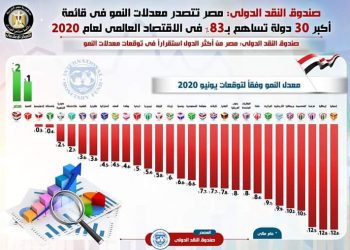 صندوق النقد الدولي: مصر تتصدر معدلات النمو في قائمة أكبر 30 دولة تساهم بـ 83% في الاقتصاد العالمي لعام 2020