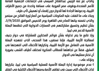 أنصار ثورة الفاتح: الرئيس السيسي وقف بجوار الشعب الليبي ..ونرفض اختيارات الأمم المتحدة لممثلي الحوار في جنيف