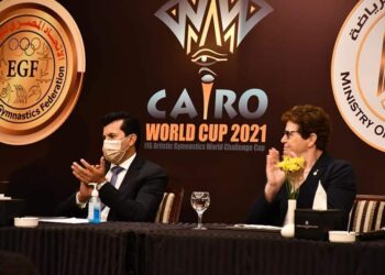 وزير الرياضة يشهد المؤتمر الصحفي لكأس العالم للجمباز الفني.