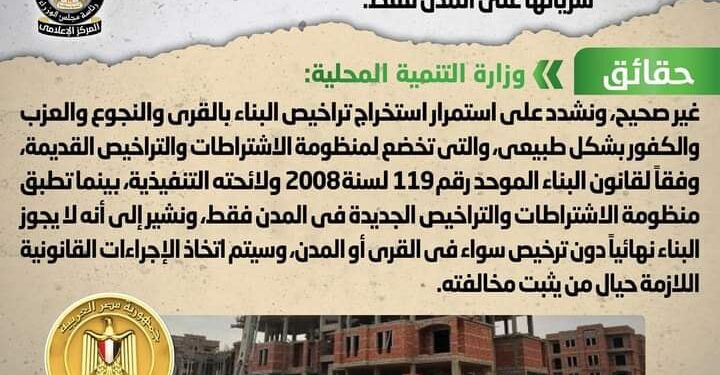 اعتزام الحكومة إعفاء القرى من تراخيص البناء واقتصار سريانها على المدن فقط لااساس له من الصحة