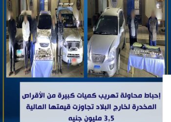 إحباط محاولة تهريب كميات كبيرة من الأقراص المخدرة لخارج البلادتجاوزت قيمتها المالية ٣.٥ مليون جنيه.