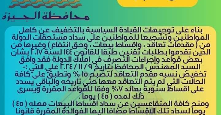 تيسرات هامه بالجيزة بشأن بعض قواعد وإجراءات التصرف فى املاك الدولة