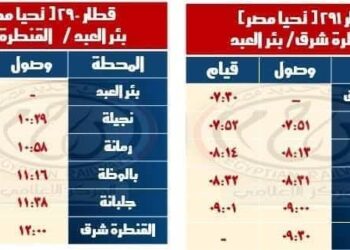 السكة الحديد تعلن مواعيد القطارات على خط القنطرة شرق / بئر العبد والعكس وخط بشتيل / كفر داوود / السادات والعكس