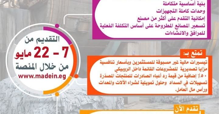مد فترة التقدم على 332 وحدة صناعية بـ 10 محافظات حتى 22 مايو الجاري