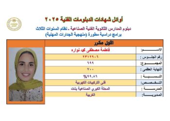 إبنة سمنود الغربية الأولى في الدبلومات الفنية لسنة 2025